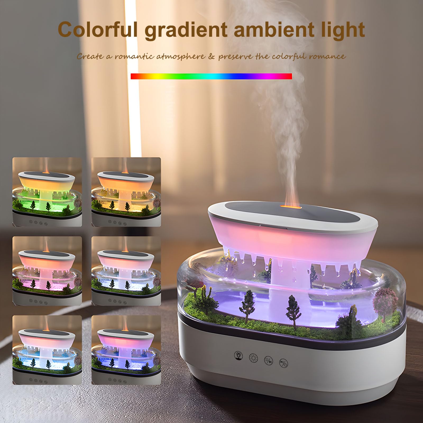 Holwim Essential Oil Flame Diffuser 250ml Cloud Rain Humidifier Water Drip Aromatherapy Diffuser Air Humidifier with 7 Colors Li