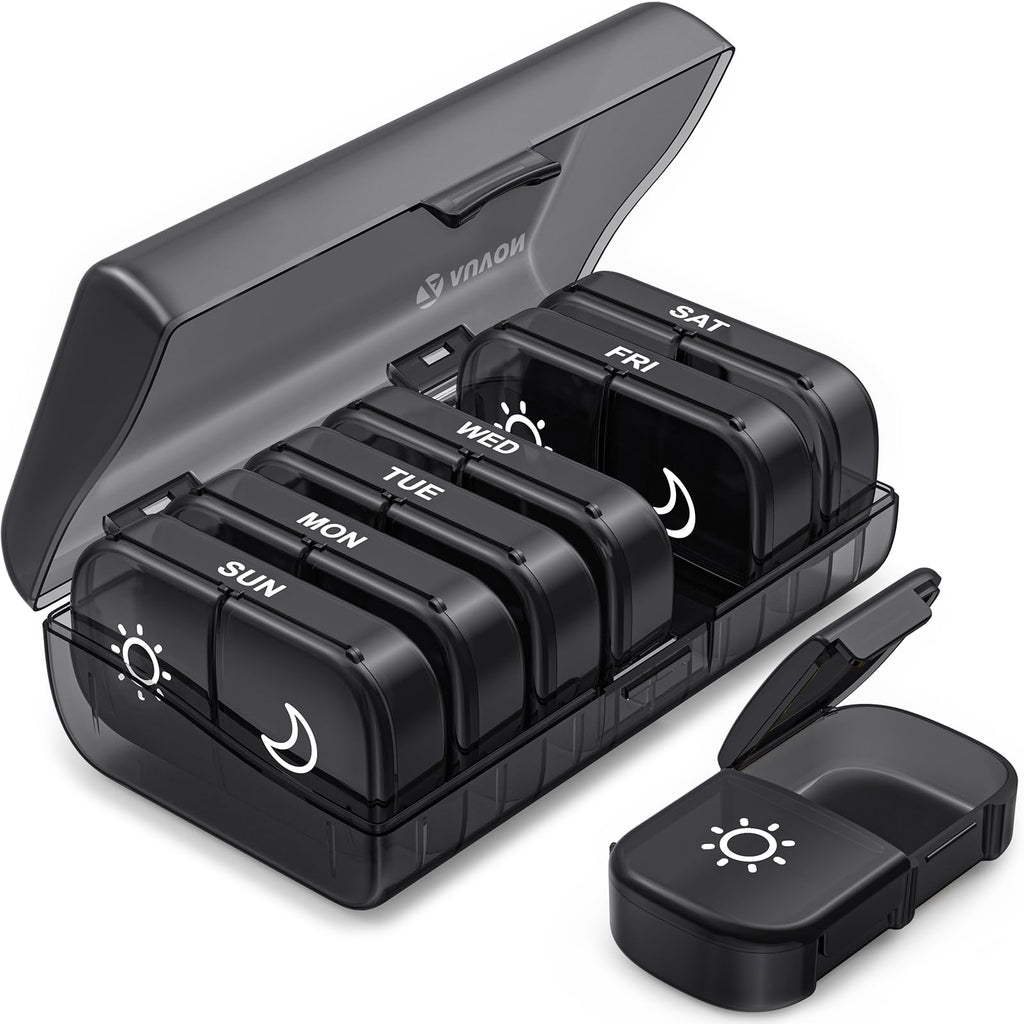 AUVON XL Weekly Pill Organizer 2 Times a Day, Pill Box 7 Day with One-Side Large Openings for Easy to Use, Black Privacy Protect