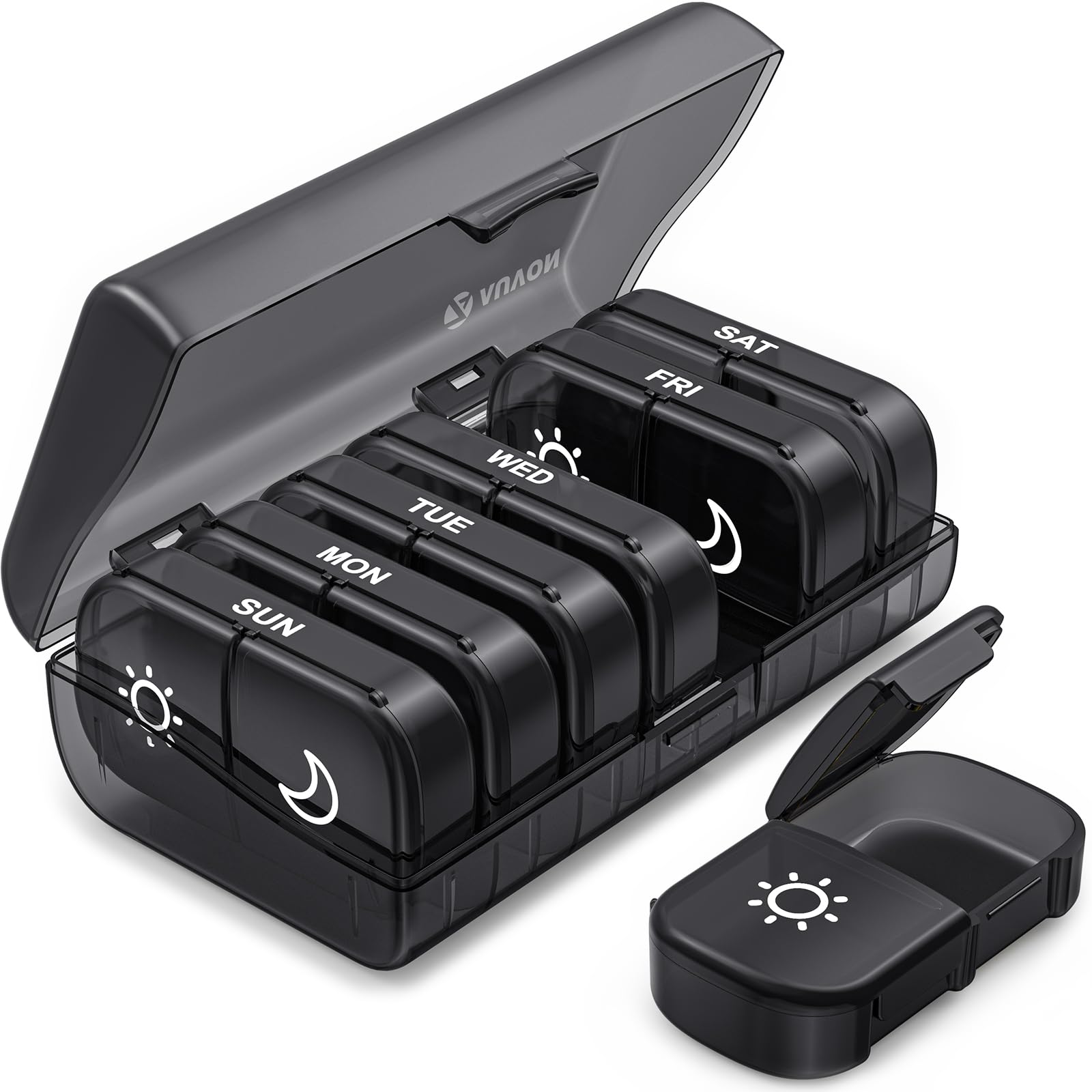 AUVON XL Weekly Pill Organizer 2 Times a Day, Pill Box 7 Day with One-Side Large Openings for Easy to Use, Black Privacy Protect