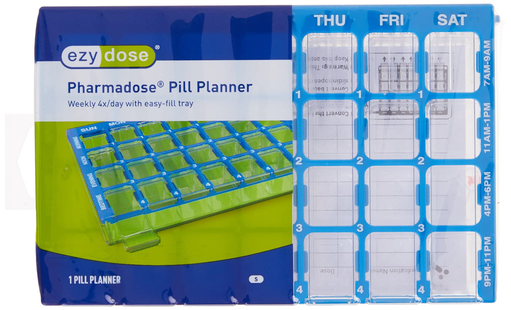 Ezy Dose Weekly (7-Day) Pill Case, Medicine Planner, Vitamin Organizer Box, Small Compartments with Easy Fill Tray, 4 Times a Da