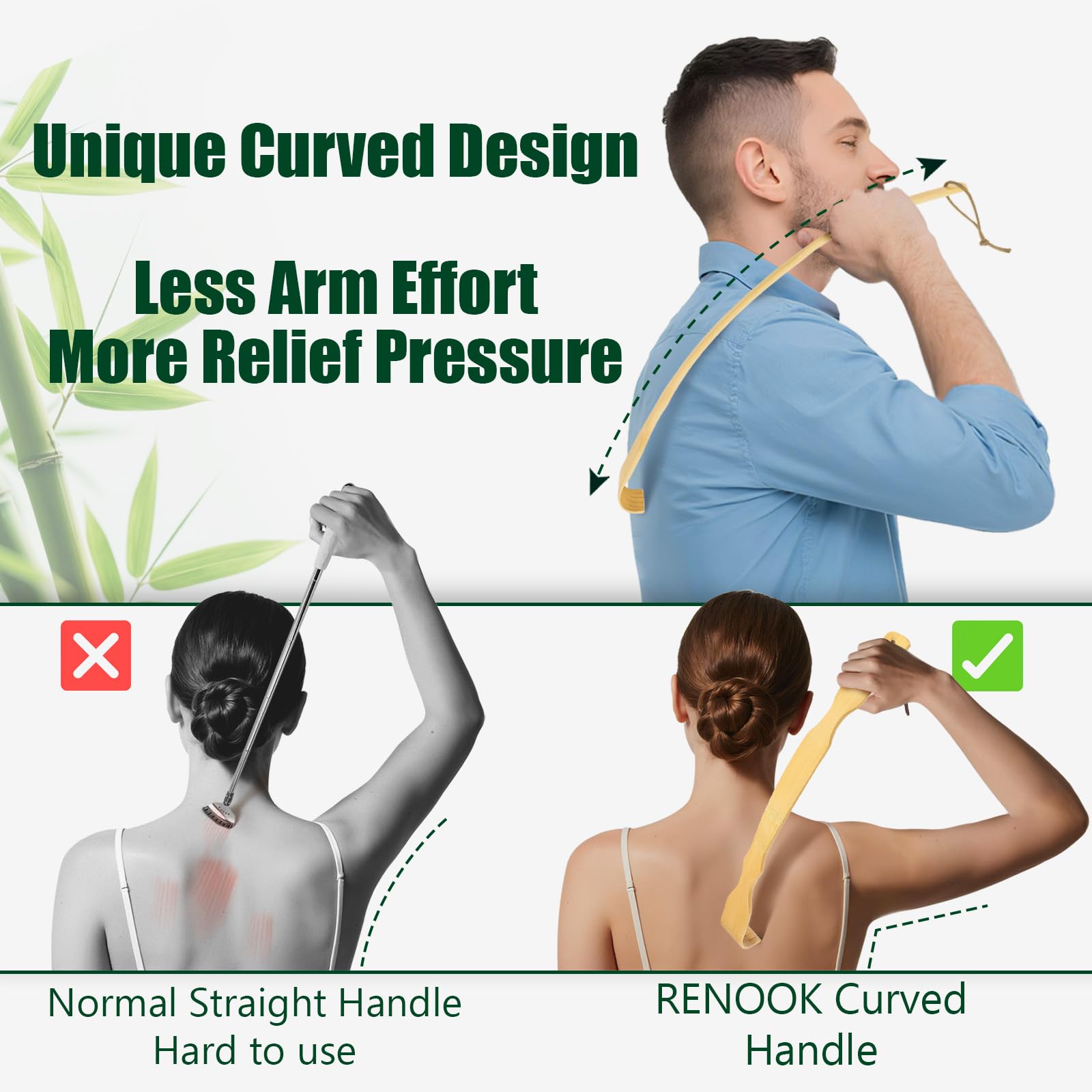 Renook Back Scratcher Bamboo - 3 PCS 17   Wooden Back Scratchers Long Handle,Back-Scratcher for Men, Women & Kids, Body Itchin