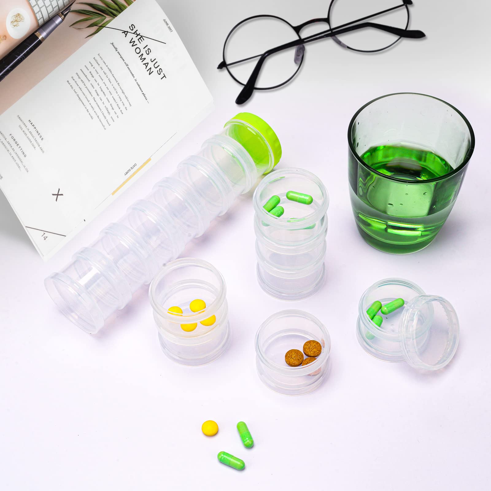 2 Pack 7 Day Pill Organizer Case Stackable Weekly Supplements Vitamins Pills Holder Dispenser Large Translucent Clear with Extra