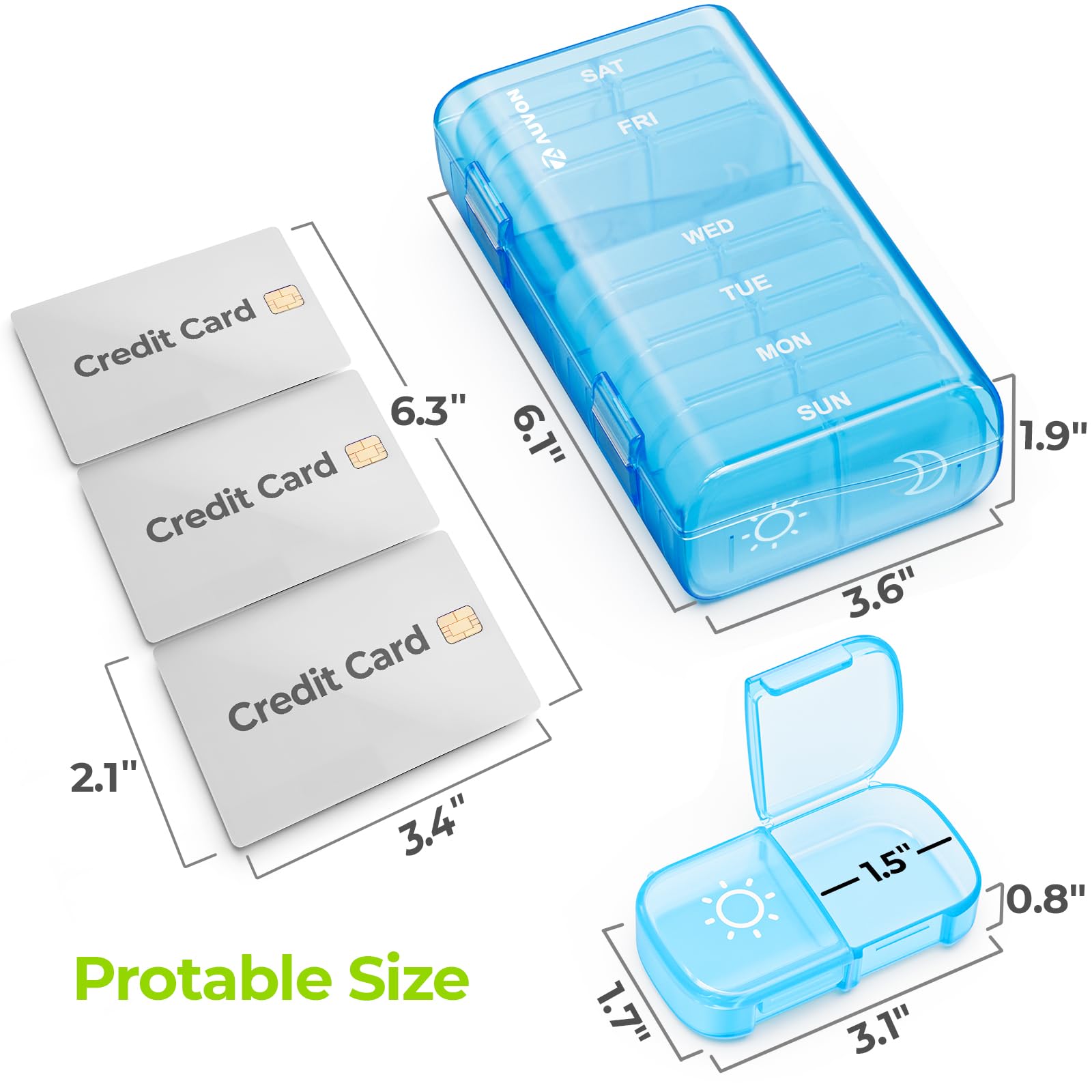 AUVON XL Weekly Pill Organizer 2 Times a Day, Pill Box 7 Day with One-Side Large Openings for Easy to Use, Blue AM PM Pill Case