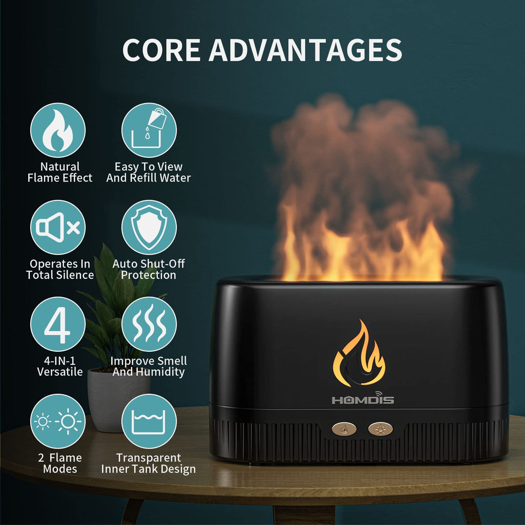 HOMDIS Essential Oil Diffusers, Quiet Flame Diffuser, 7 Colors Modes Changed Light Flame Humidifer, Auto Shut Off Aromatherapy D