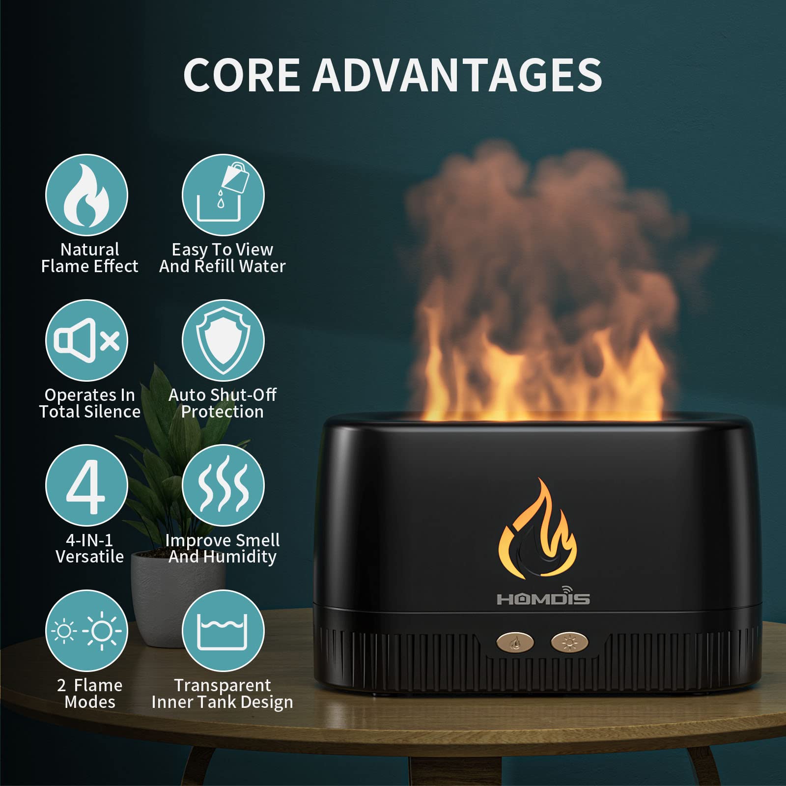 HOMDIS Essential Oil Diffusers, Quiet Flame Diffuser, 7 Colors Modes Changed Light Flame Humidifer, Auto Shut Off Aromatherapy D