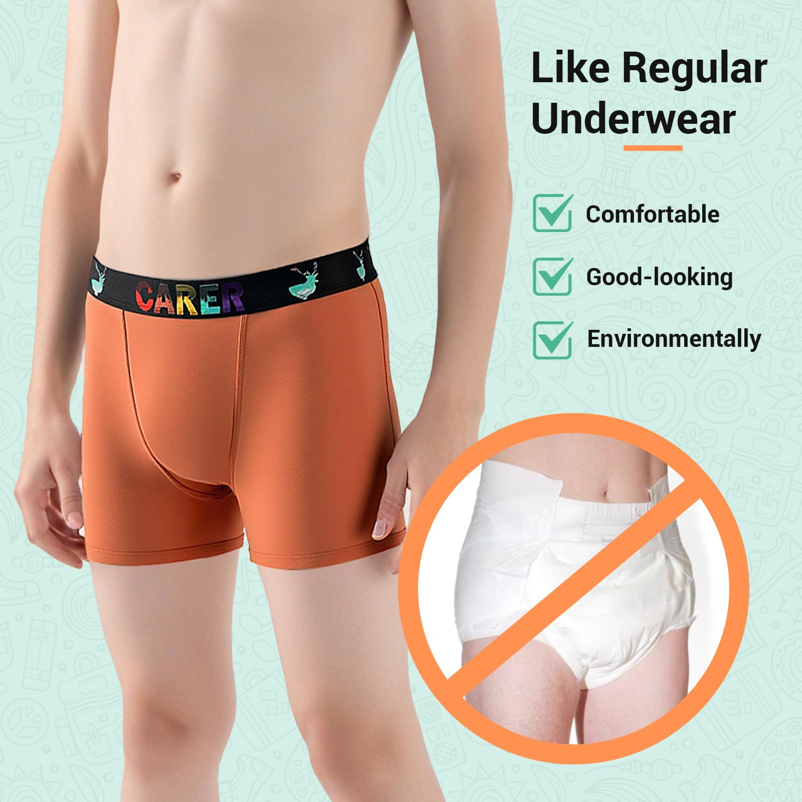 Carer Boys Incontinence Underwear Washable Kids Cotton Incontinence Boxer Briefs with Front Absorbency 80ml Reusable Leak Proof