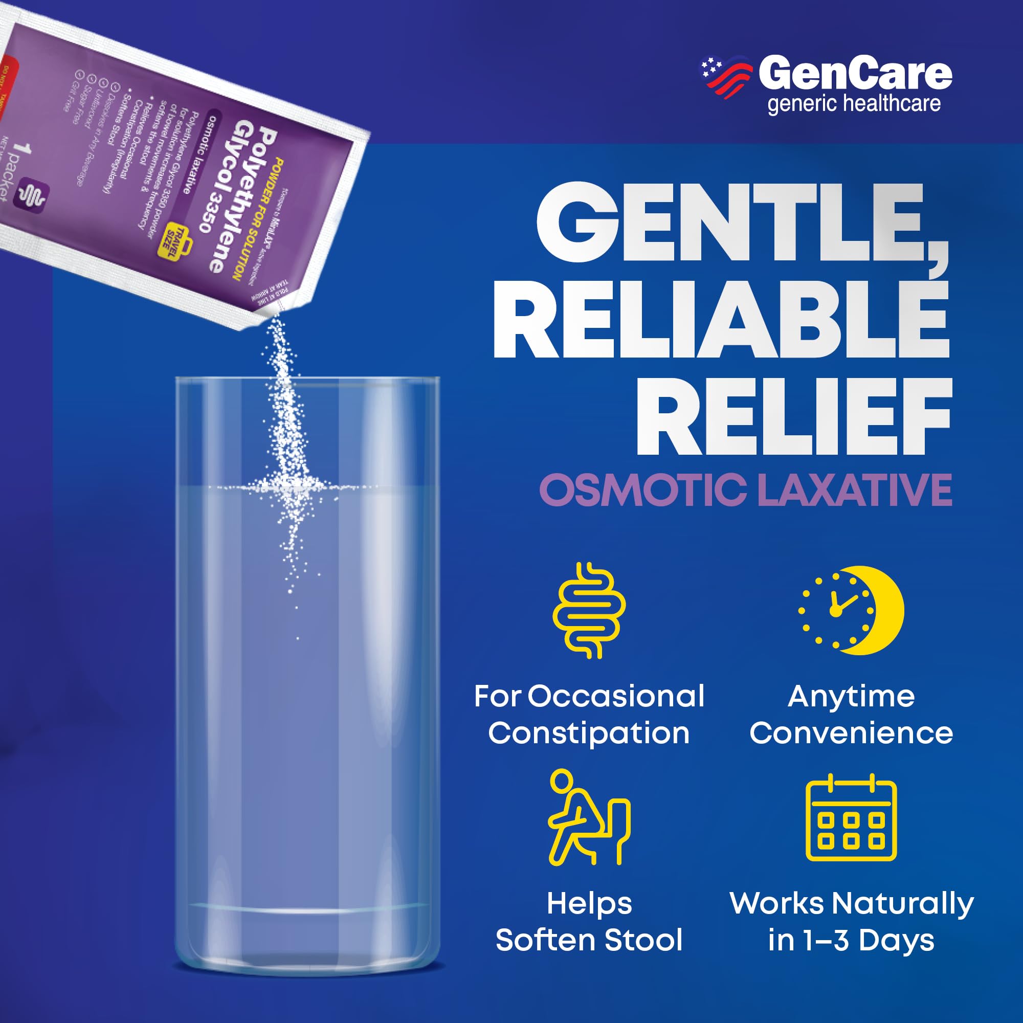GenCare Polylethylene Glycol 3350 Powder for Solution - 100 Travel Packets - Unflavored Grit-Free Clear PEG 3350 for Occasional