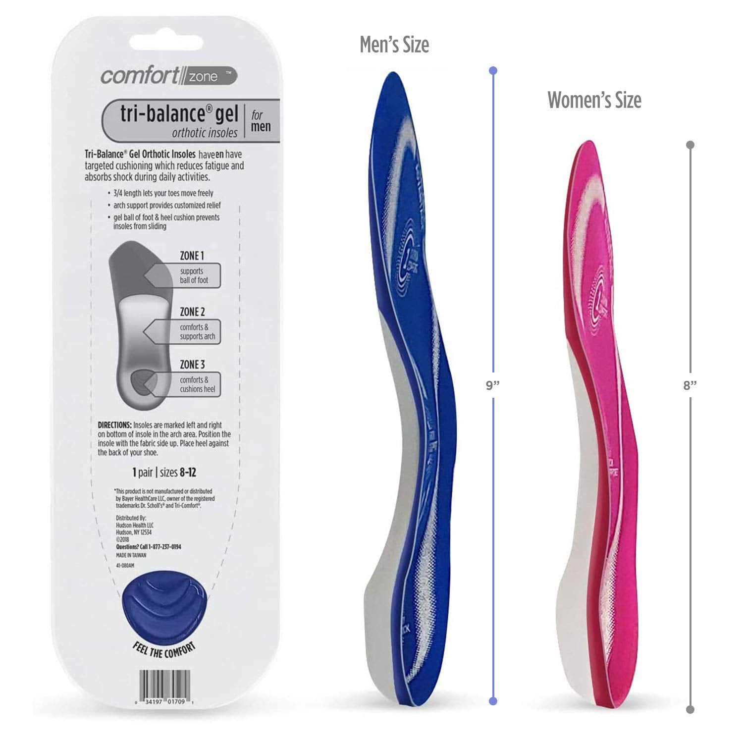 Comfort Zone Tri-Balance Gel Orthotic Insoles for Men, 3/4 Length Orthotic Inserts for Mens Shoe Sizes 8-12, 1 Pack