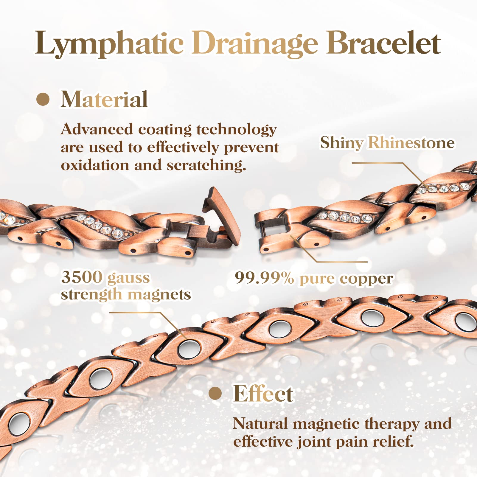 Copper Bracelets for Women, Magnetic Bracelets for Women & Heart-Shaped Lymphatic Drainage Ring with 3500 Gauss Magnet Classic C