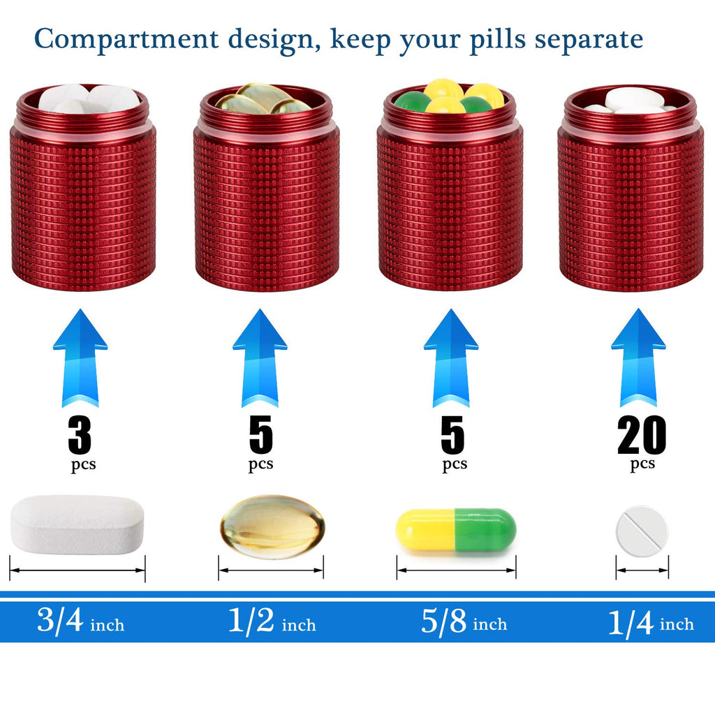 PPFISH 2 PCS Portable Daily Pill Case, 3 Compartments Aluminum Alloy Waterproof Pill Box Dispenser, Small Pocket Pill Container,
