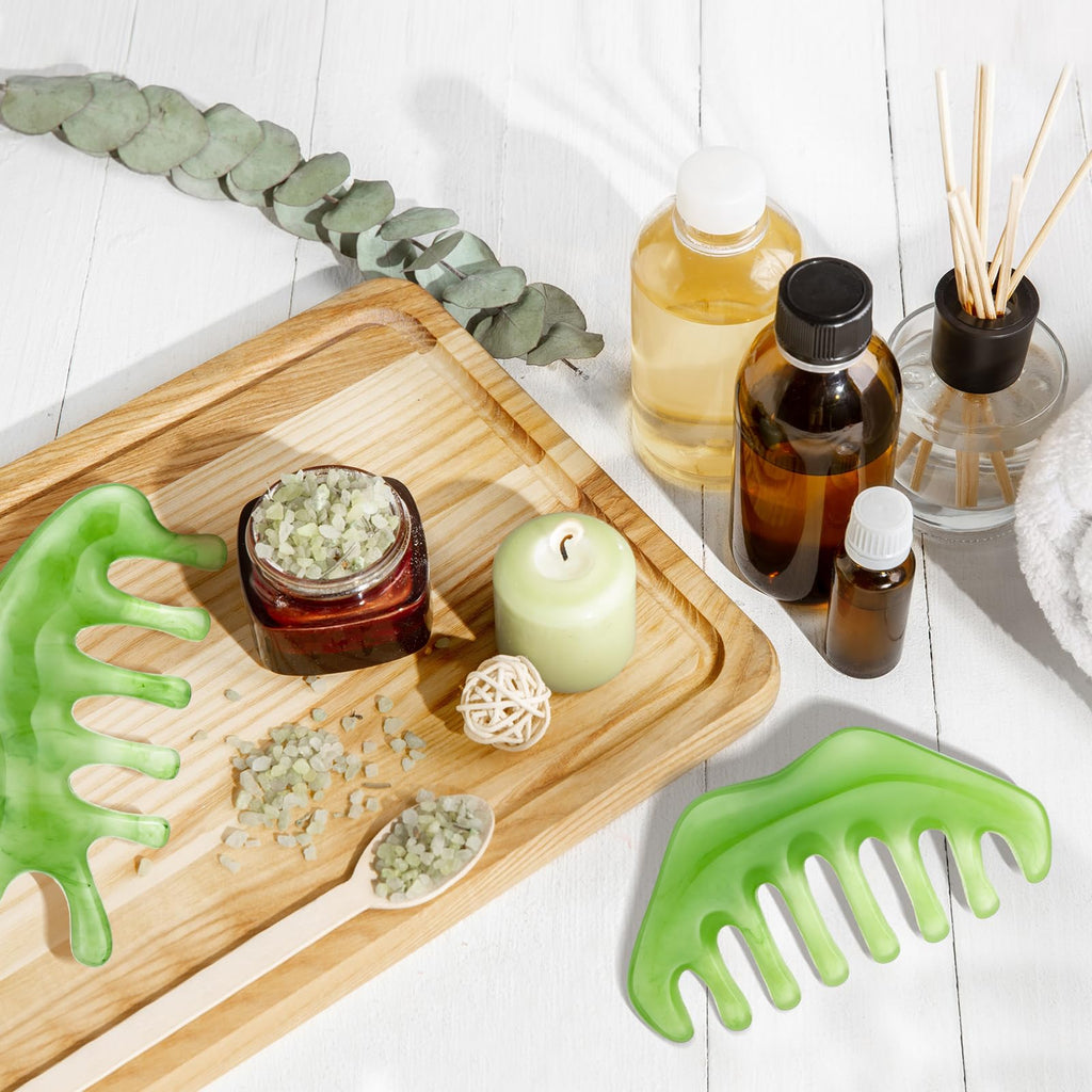 Geiserailie 2 Pieces Jade Combs Massage Stone Hair Gua Sha Scraping Scalp Comb Facial Massage Tool Multifunctional Handheld Head