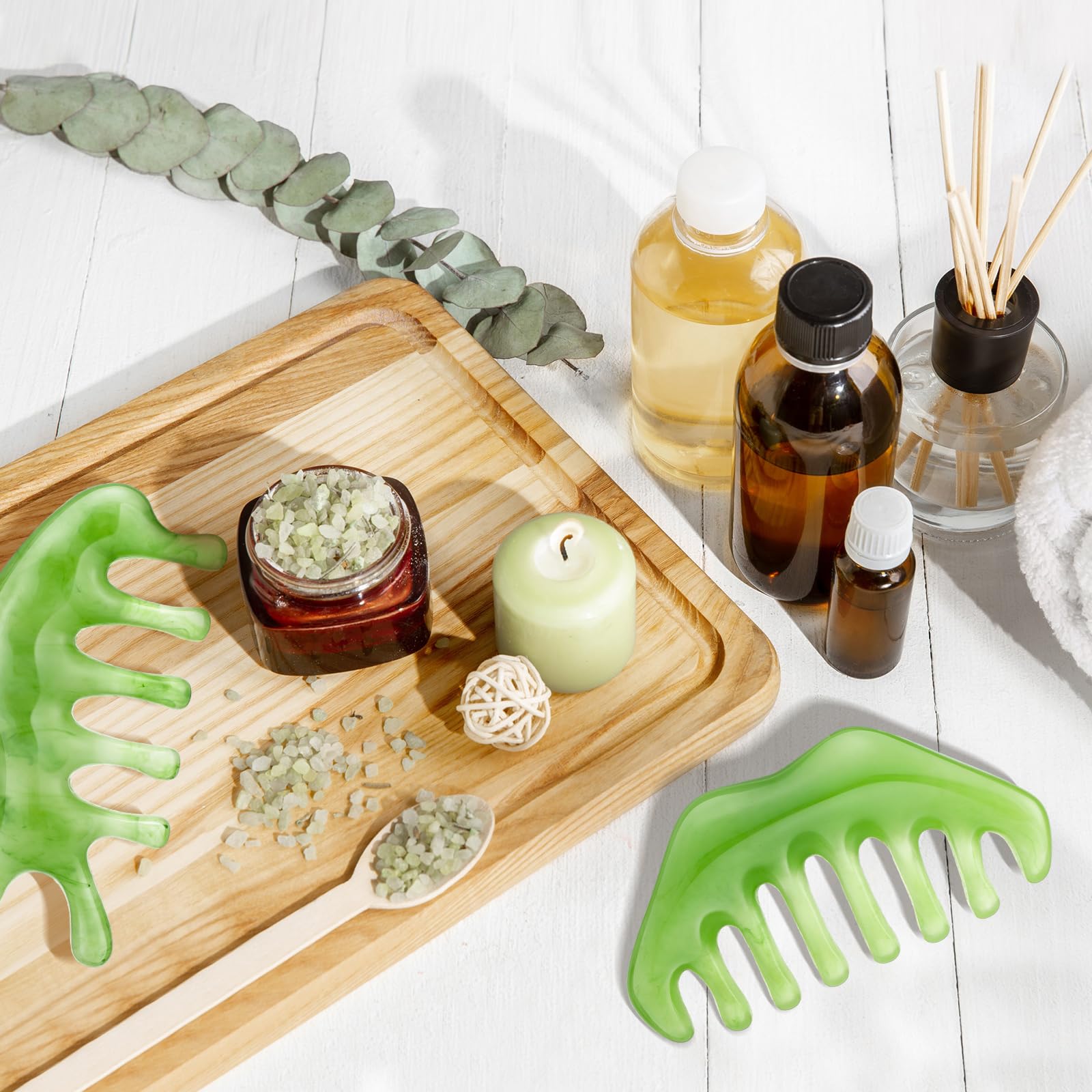 Geiserailie 2 Pieces Jade Combs Massage Stone Hair Gua Sha Scraping Scalp Comb Facial Massage Tool Multifunctional Handheld Head