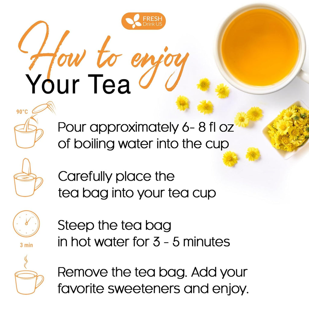 Premium Chrysanthemum Flower Tea Bags. Chrysanthemum Flower Herbal Tea. No Sugar, No Caffeine, No Gluten, Vegan.