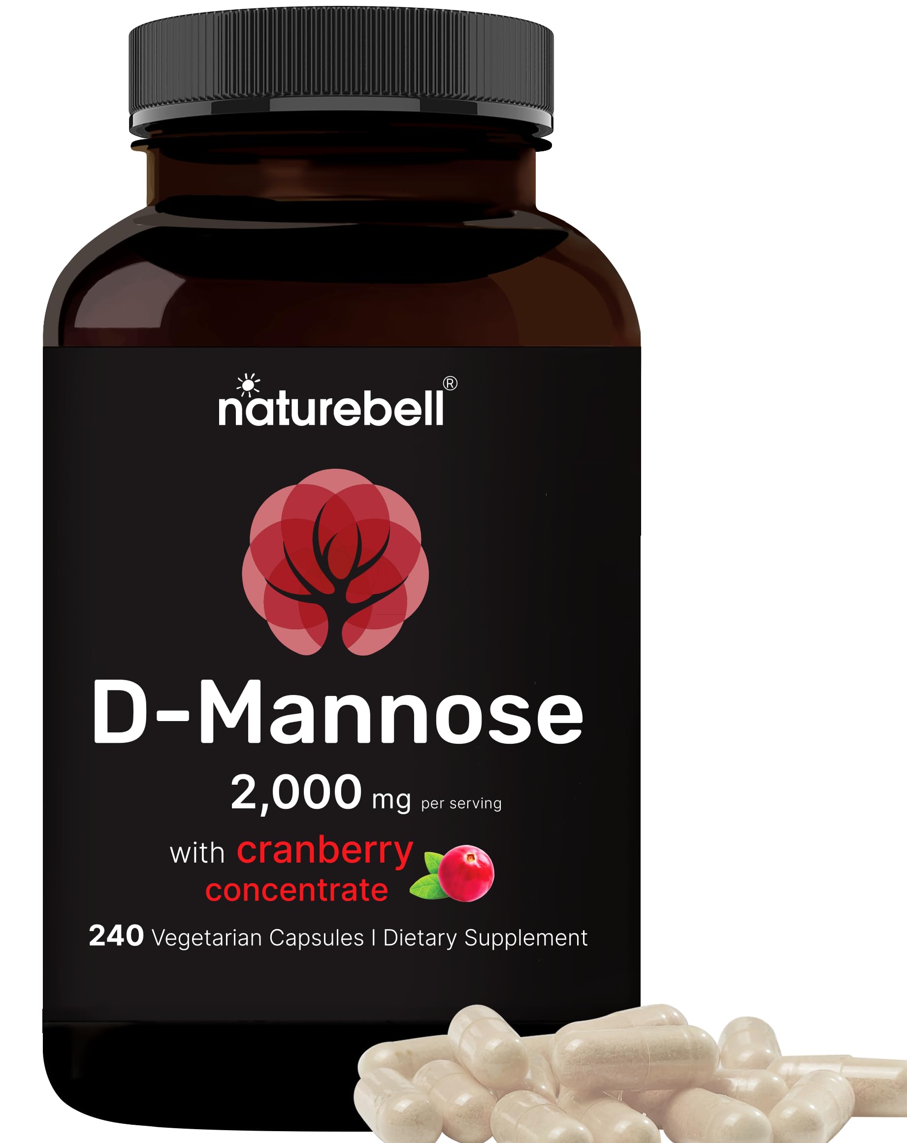 NatureBell D-Mannose 500mg Capsules (2,000mg Per Serving) | 240 Veggie Capsules + Cranberry Concentrate 40mg - Fast Acting Urina