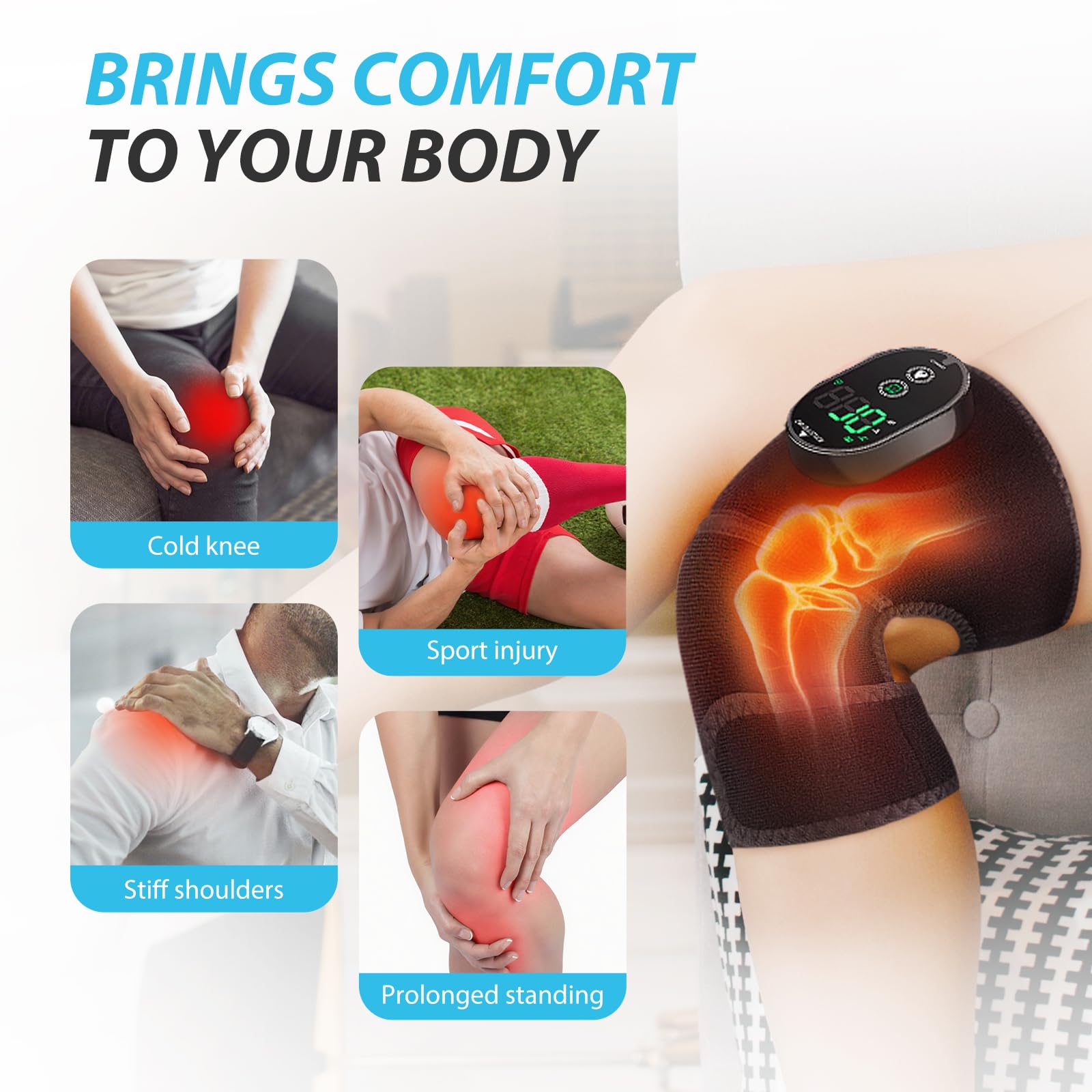 ROMYSE Heated Knee Brace, Cordless Heated Knee Wrap, Knee Heating Pad for Shoulder Elbow 3 in 1, Heating Pad for Knee with 6 Hea