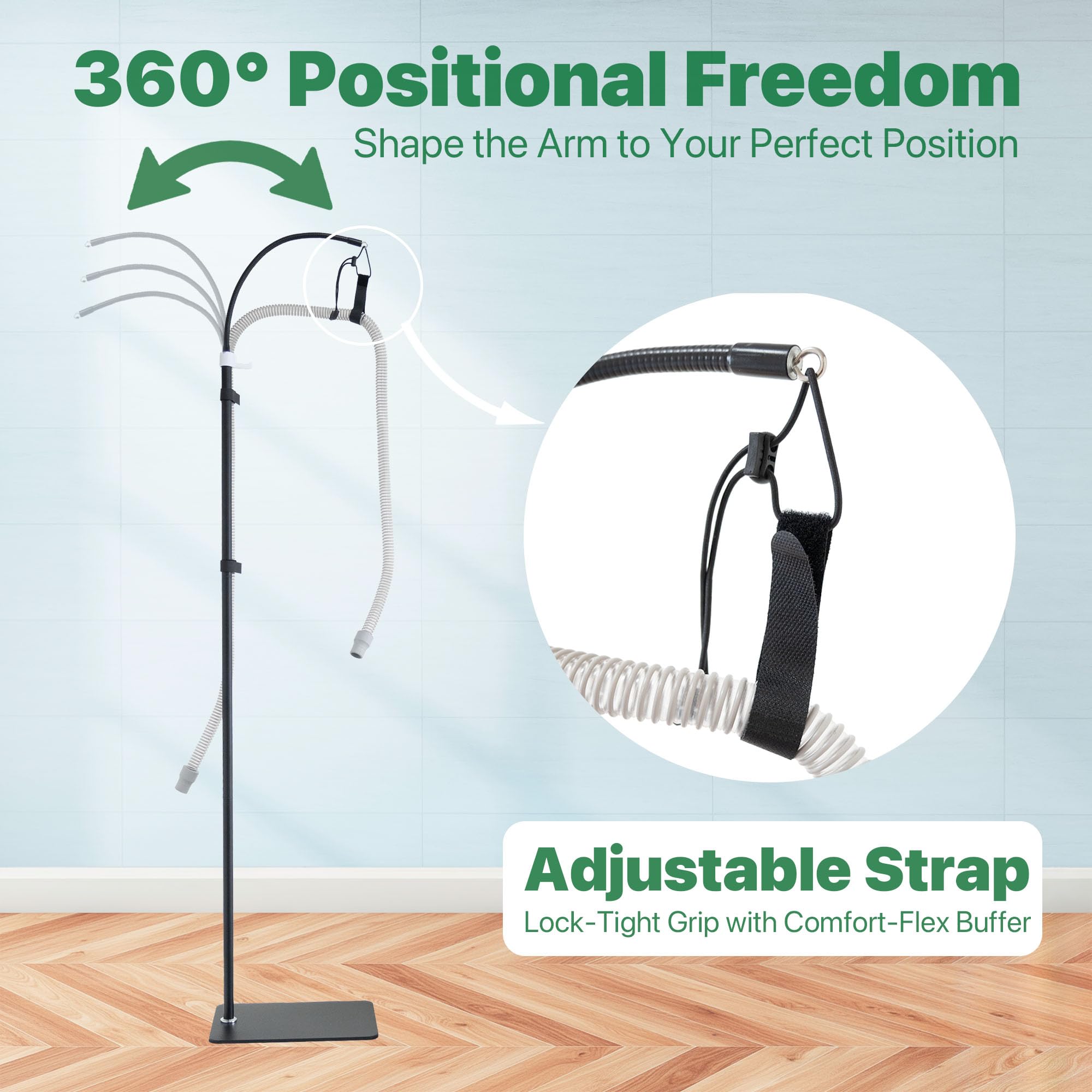 CPAP Hose Holder Stand for Improving Sleep Comfort- Customizable Height & Position for All Bed Heights, Includes Mask Hook & Tub