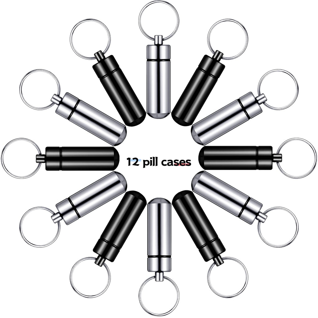 Patelai 12 Pieces Portable Pill Case Container Mini First Aid Keychain Pill Holder Waterproof Aluminum Medicine Bottle for Medic