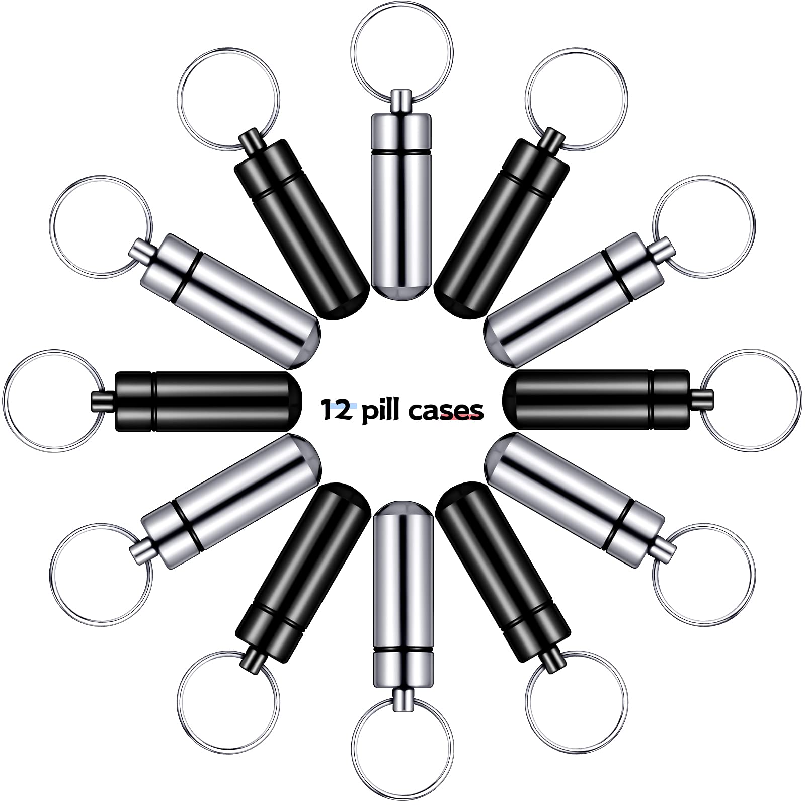 Patelai 12 Pieces Portable Pill Case Container Mini First Aid Keychain Pill Holder Waterproof Aluminum Medicine Bottle for Medic
