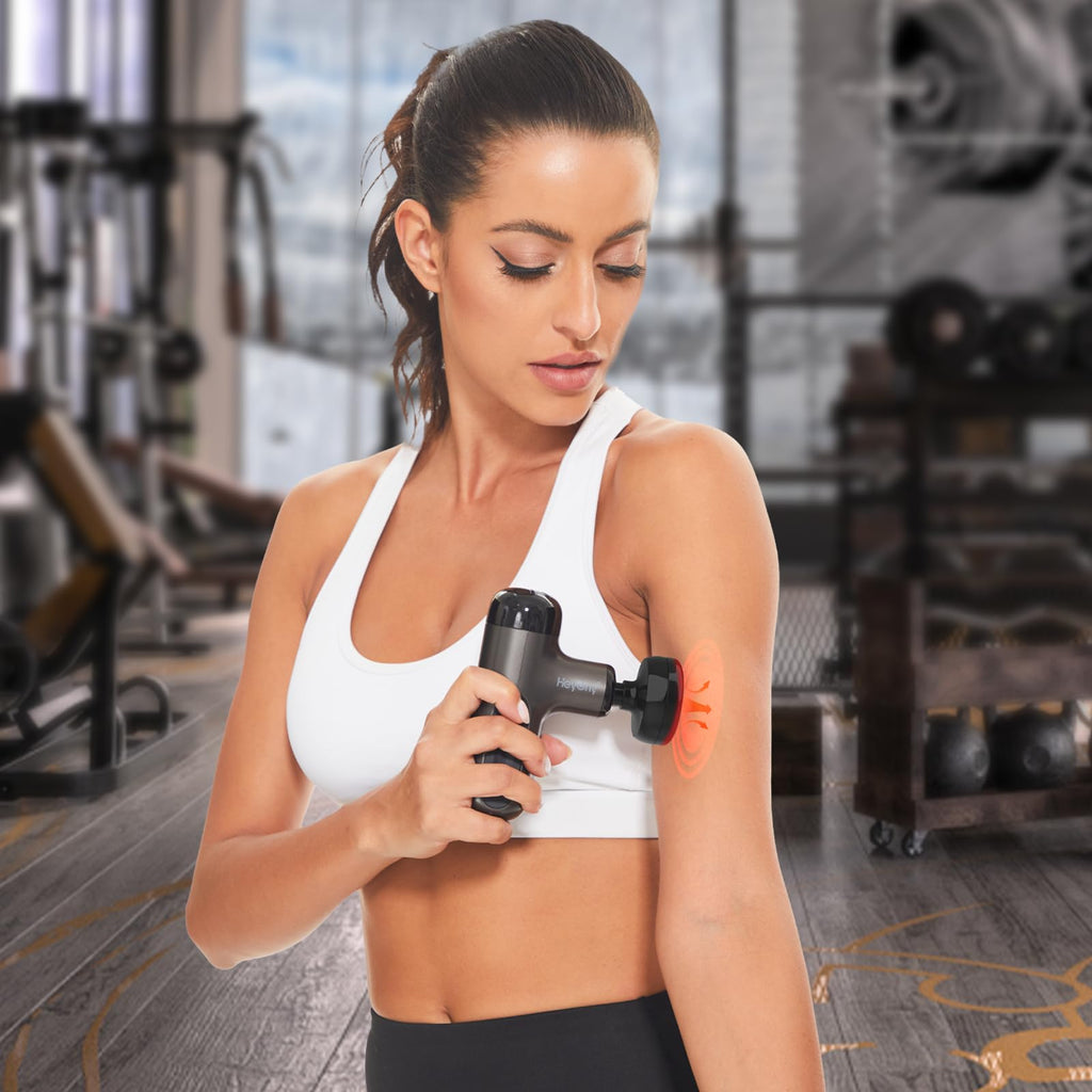 HEYCHY Mini Massage Gun with Heat, Deep Tissue Massage Gun, Portable Percussion Muscle Massager with 4 Massage Heads for Athlete
