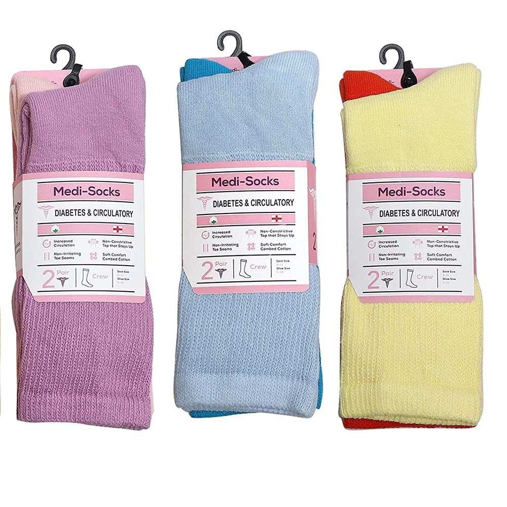 TZ Promise Lot 6 Pairs Women's Circulatory Diabetic Non-Binding Cotton Crew Socks Size 9-11 (Neon (6-Pairs))