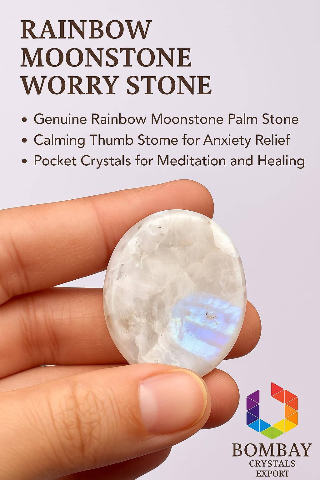 Rainbow Moonstone Worry Stone - Genuine Polished Palm Crystal for Stress & Anxiety Relief, Meditation Thumb Stone Gift for Mindf