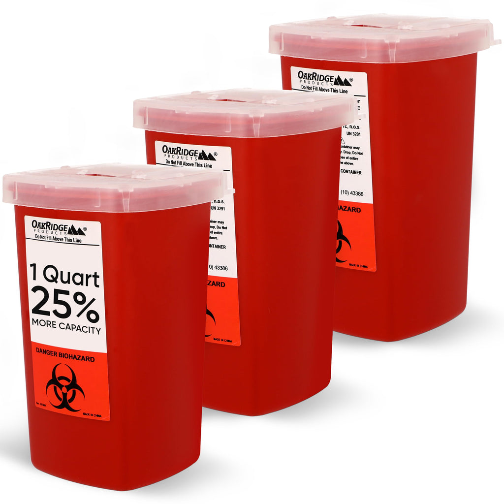 Oakridge Products Sharps Container for Home Use and Professional 1 Quart (3-Pack), Biohazard Needle and Syringe Disposal, Flip-u