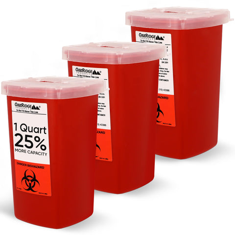 Oakridge Products Sharps Container for Home Use and Professional 1 Quart (3-Pack), Biohazard Needle and Syringe Disposal, Flip-u