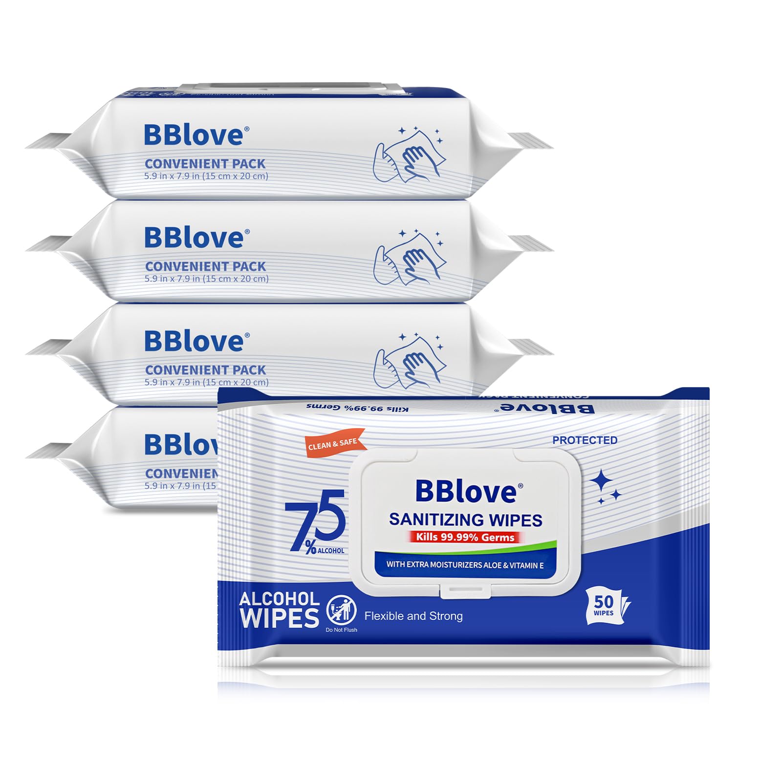 BBlove 75% Alcohol Unscented Sanitizer Wipes, Moisturizing Hand Sanitizing Wet Wipes with Aloe Vera, 200-Count Bulk Pack with Tr