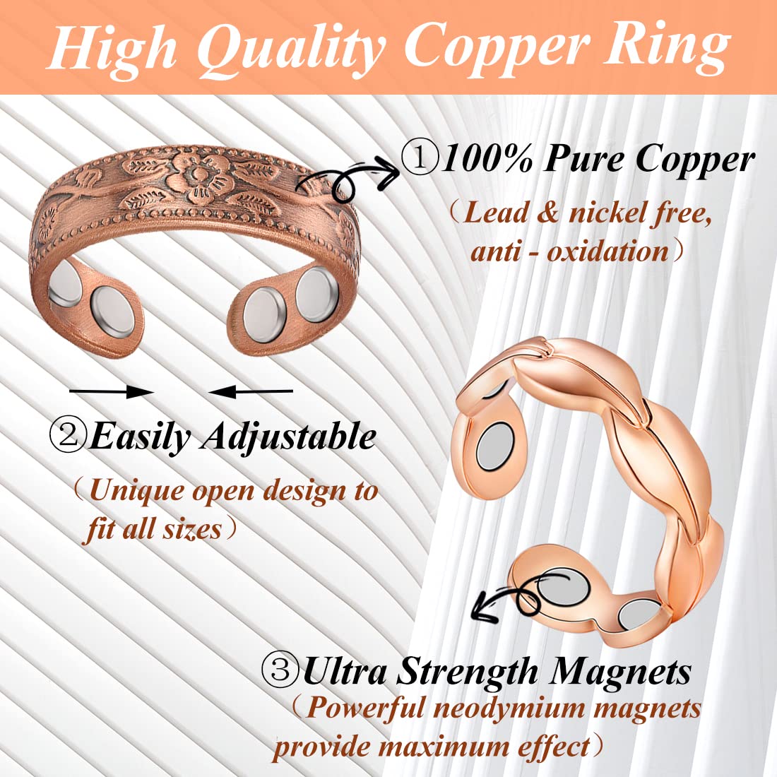 Cigmag 4PCS Copper Rings for Women, 99.99% Pure Copper Magnetic Ring Strong Magnets, Adjustable Thumb Fingers Ring with Jewelry