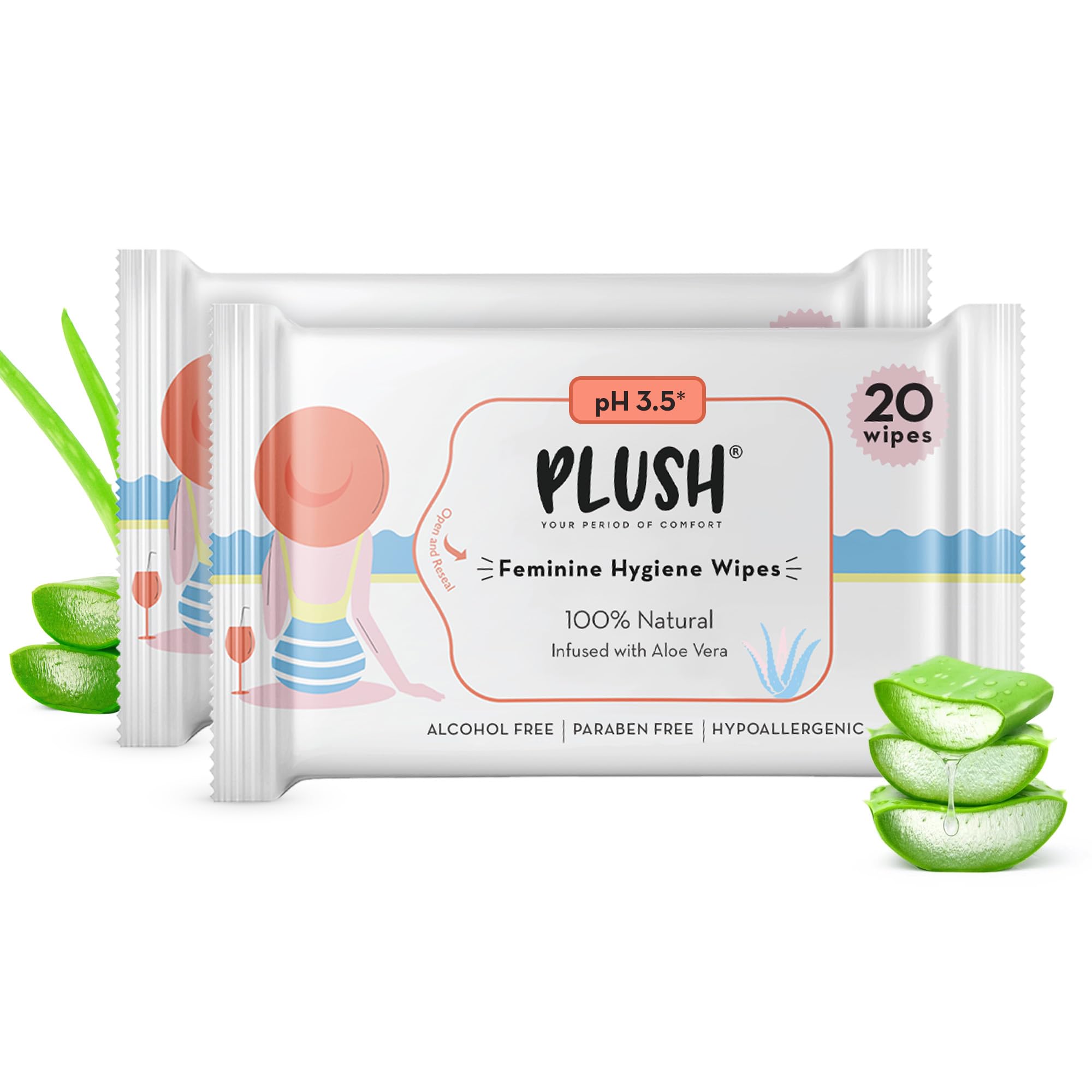 Plush All Natural 100% Biodegradable Intimate Vaginal Wipes For Daily Use || Infused With Aloe Vera || Maintains Ph Balance || 4