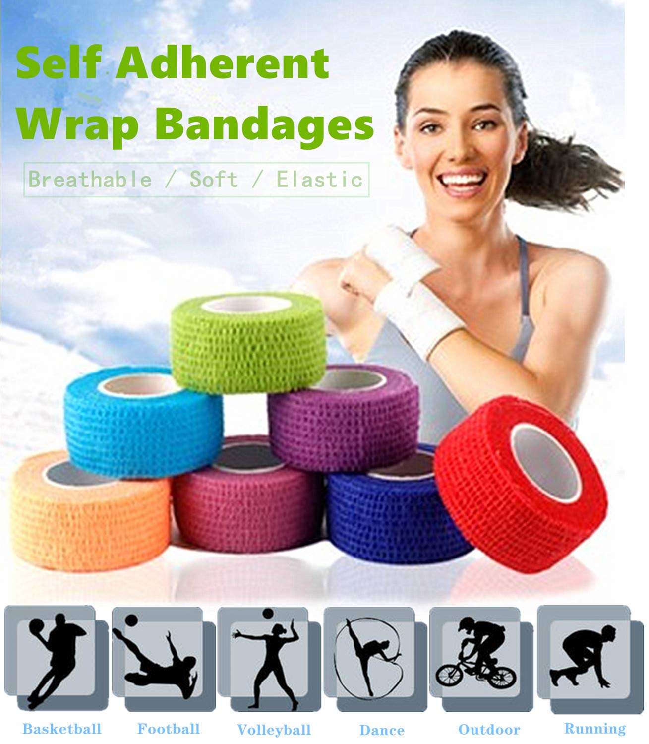 Self Adhesive Elastic Bandage Wrap - Pack of 8 Rolls 1 x 5 Yards Stretch Self-Adherent Cohesive Wrap Bandages First Aid Tape for