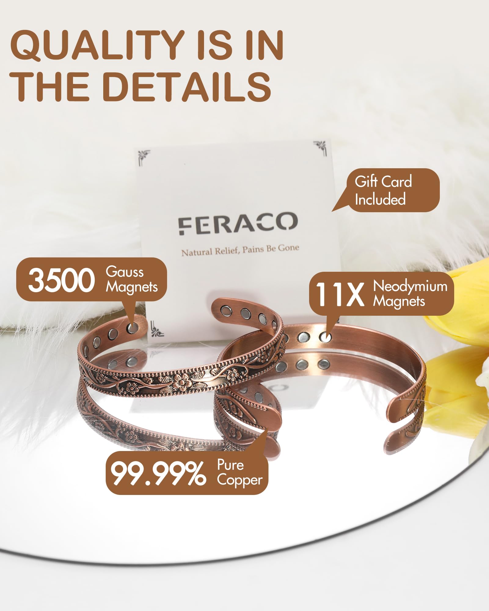 Feraco Copper Bracelet for Women, Ultra Strength Magnetic Bracelets, 99.99% Pure Copper Cuff Bangle with 3500 Gauss Neodymium Ma