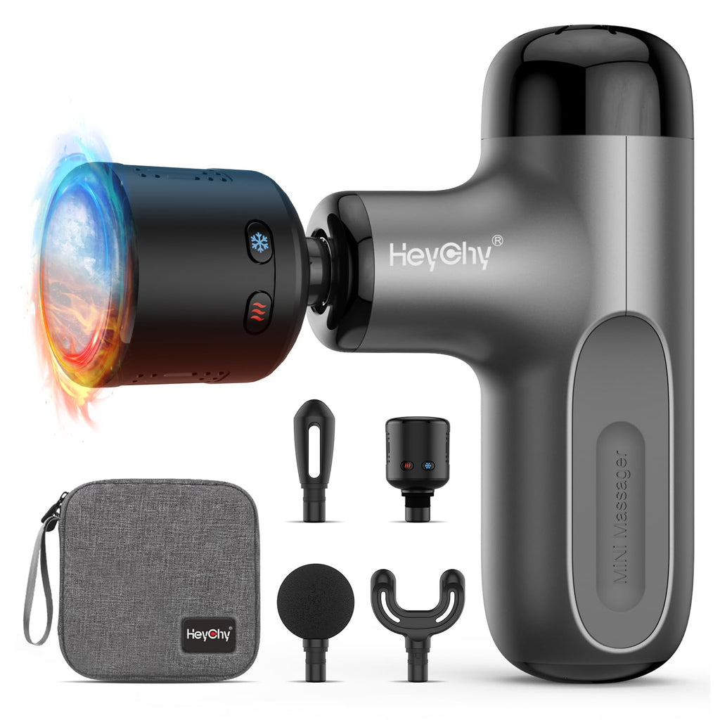 HEYCHY Mini Massage Gun with Heat and Cold, Deep Tissue Massage Gun, Portable Percussion Muscle Massager with 4 Massage Heads fo