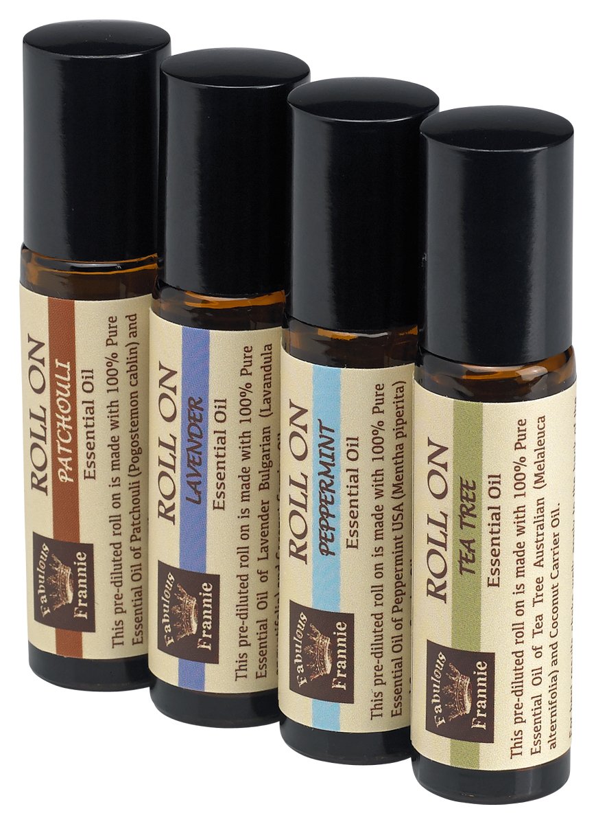 Pre-Diluted Essential Oil Roll-On Value Set Made with Pure Essential Oils and Coconut Oil (Lavender, Patchouli, Peppermint and T