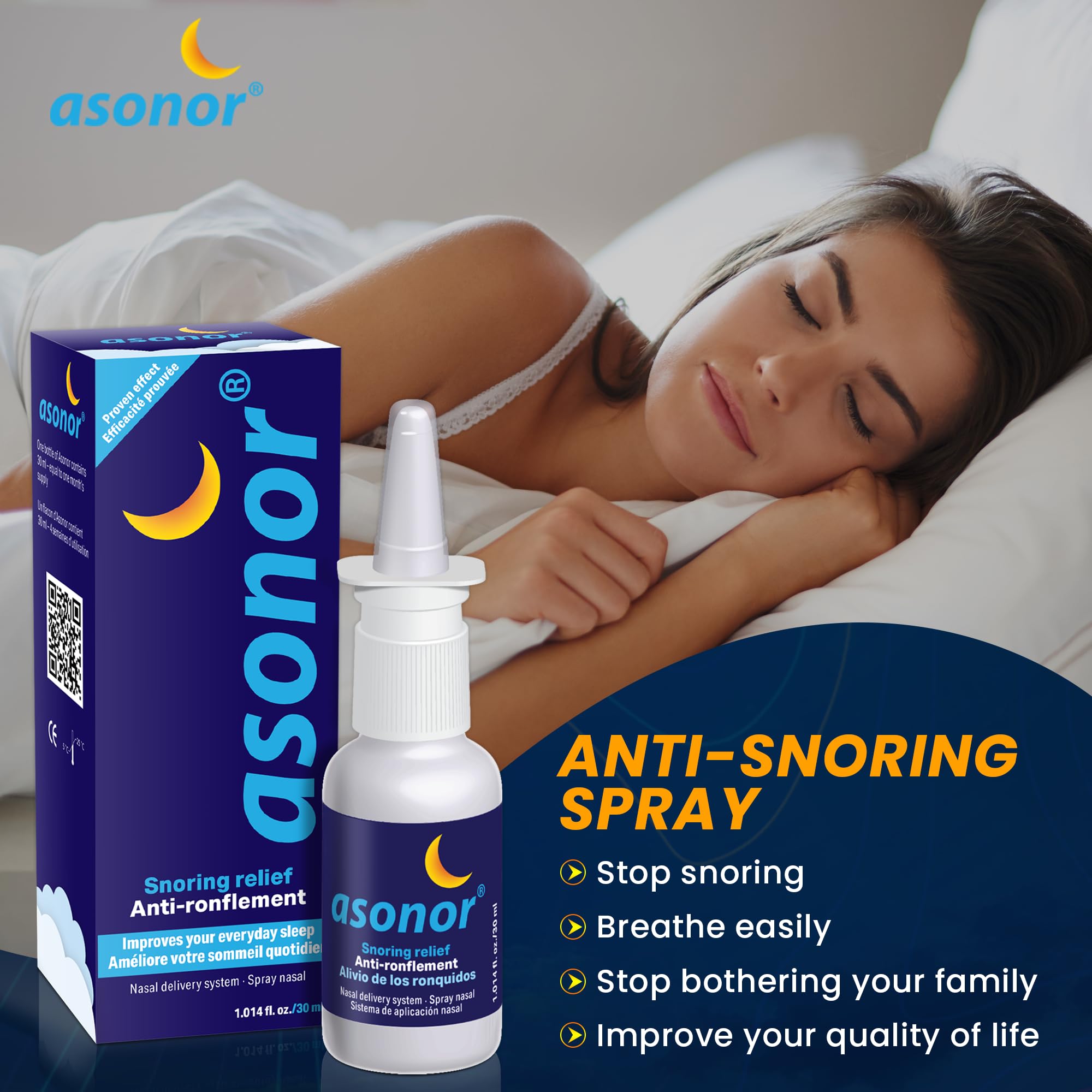 Asonor Snoring Nasal Spray - Fast Snore Stopper Drops for Better Sleep, Natural Breathing Relief - Helps Open The Throat & Air P