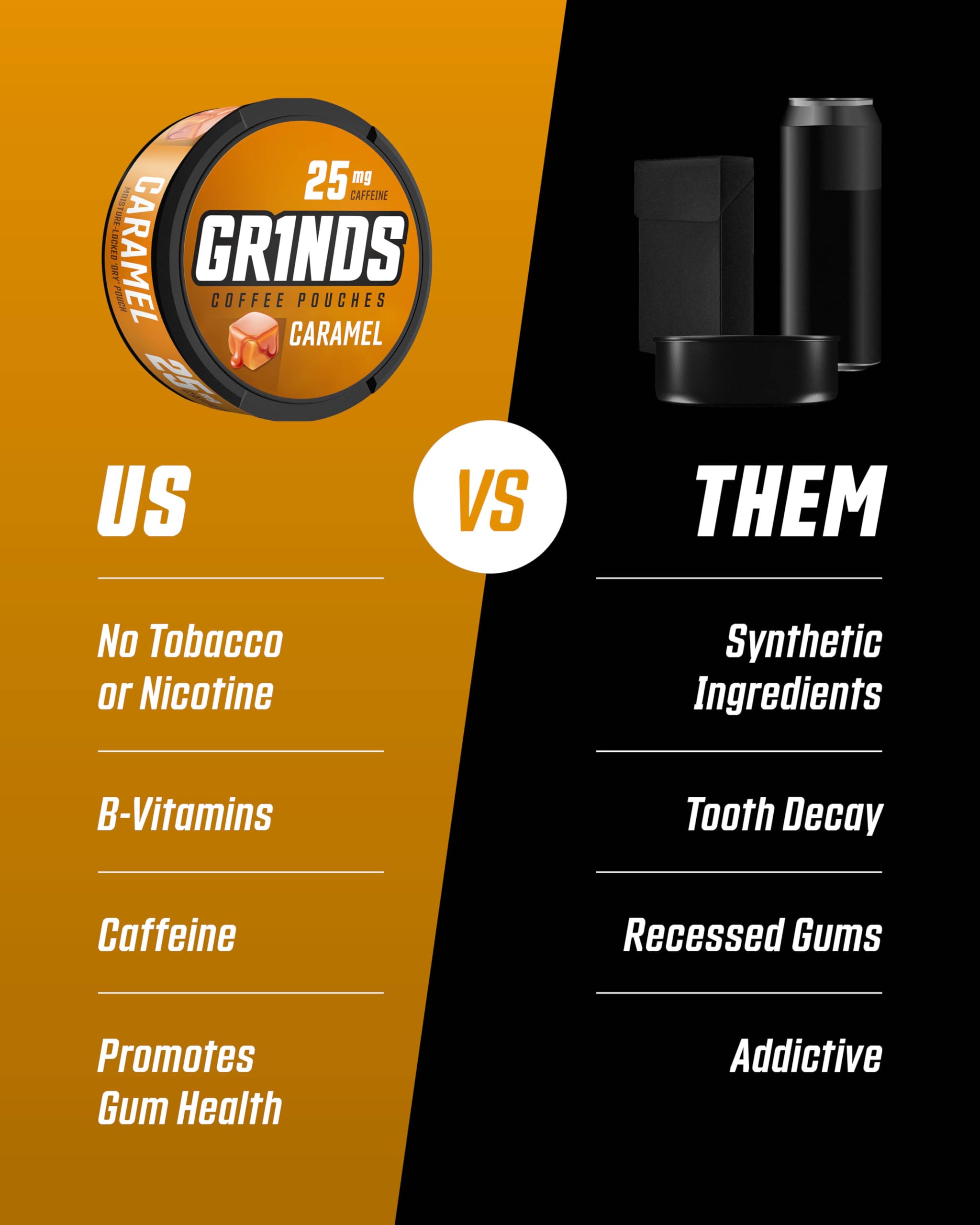 Grinds Coffee Pouches | Tobacco Free, Nicotine Free Healthy Alternative | 3 Cans of Caramel | 18 Pouches Per Can | 1 Pouch eq. 1
