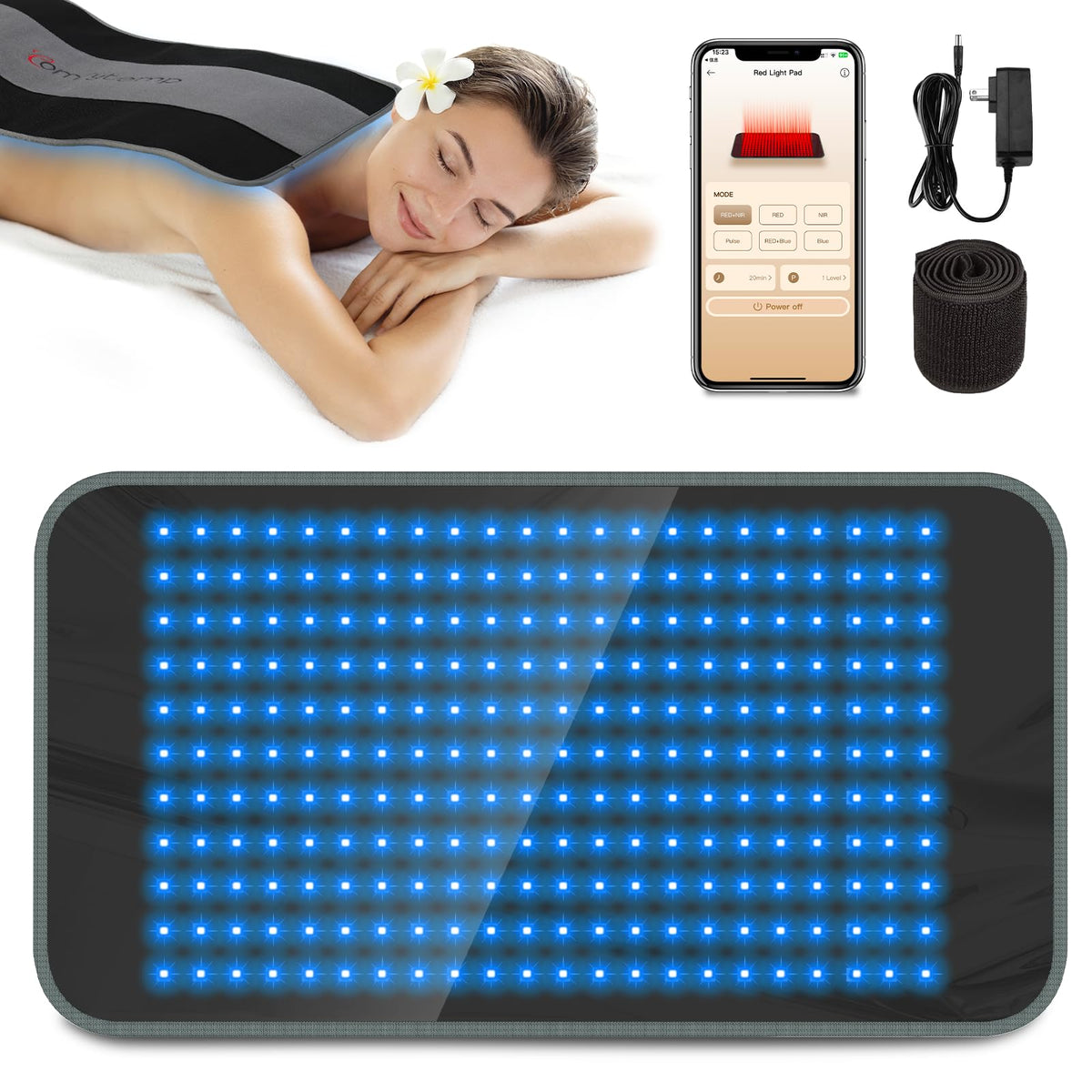 Comfytemp Red Blue Light Therapy Pad, Infrared Light Therapy for Body with App & Button Controller, 32W Light Wrap for Back Leg 
