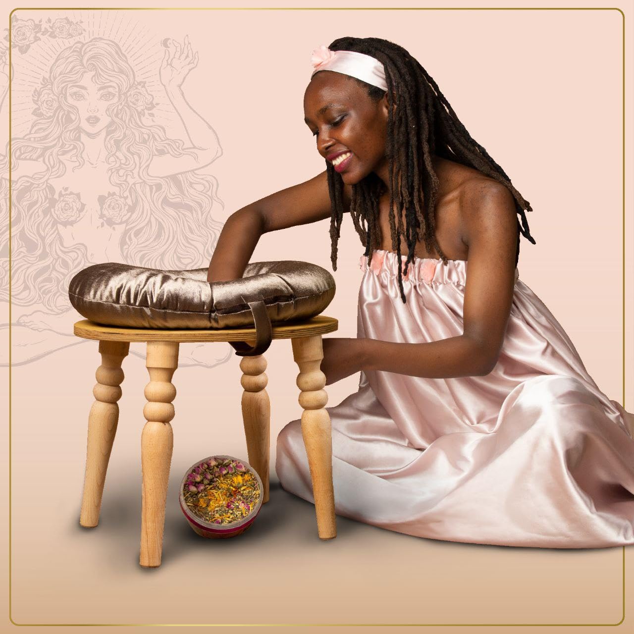 Sama Handcraft Seat for Yoni in a Luxury Package-Devi Steaming Wooden SEAT with Engraved Pictures of Goddess Yoga and Muladhara