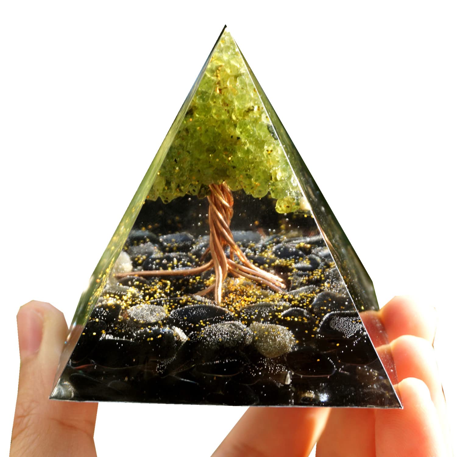 Handmade Tree of Life Orgonite Pyramid Peridot with Obsidian Crystal Stone Positive Reiki Energy Generator Healing Orgone Collec