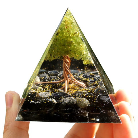 Handmade Tree of Life Orgonite Pyramid Peridot with Obsidian Crystal Stone Positive Reiki Energy Generator Healing Orgone Collec