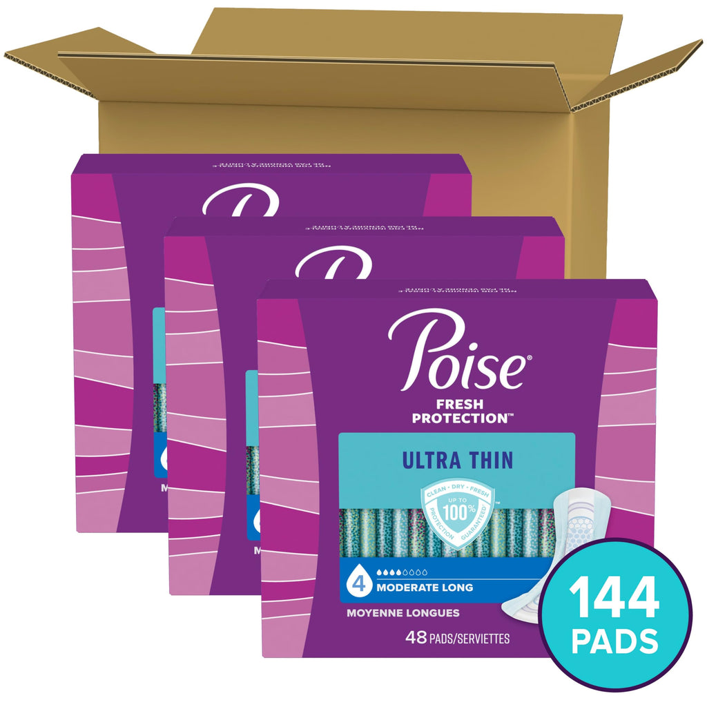 Poise Ultra Thin Incontinence Pads & Postpartum Incontinence Pads, 4 Drop Moderate Absorbency, Long Length, 144 Count (3 Packs o