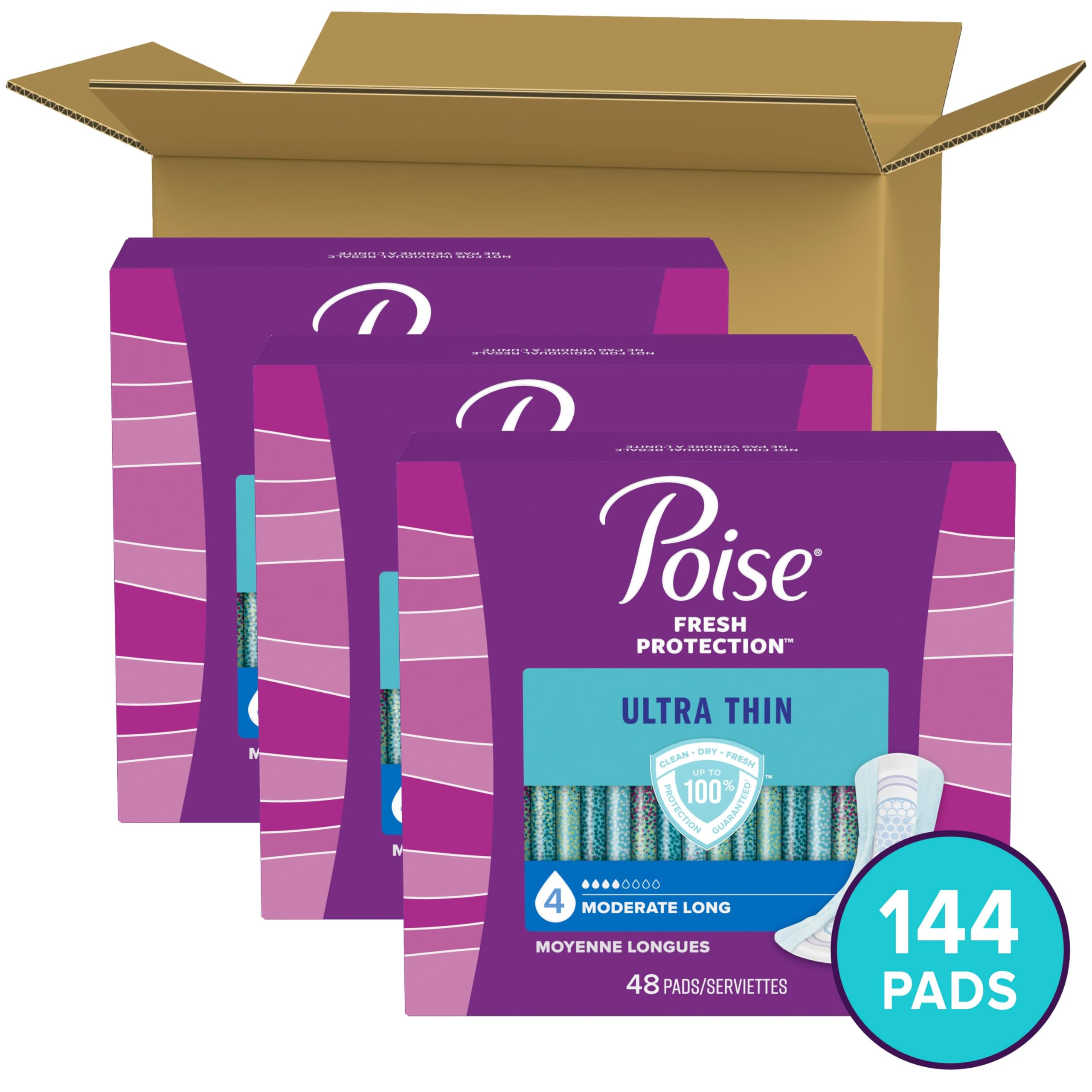 Poise Ultra Thin Incontinence Pads & Postpartum Incontinence Pads, 4 Drop Moderate Absorbency, Long Length, 144 Count (3 Packs o