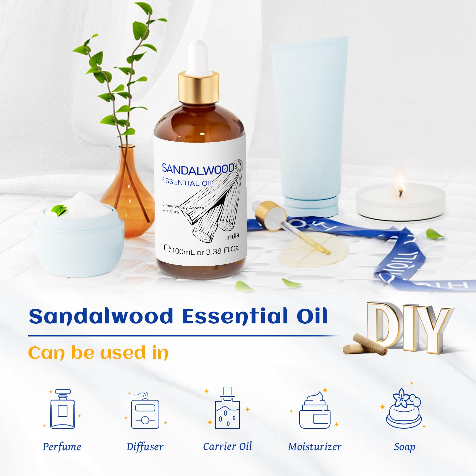 HIQILI 100ML Sandalwood Essential Oils, Long-Lasting Scent for Perfume, Diffuser, Soap Making & Candle- 3.38 Fl Oz