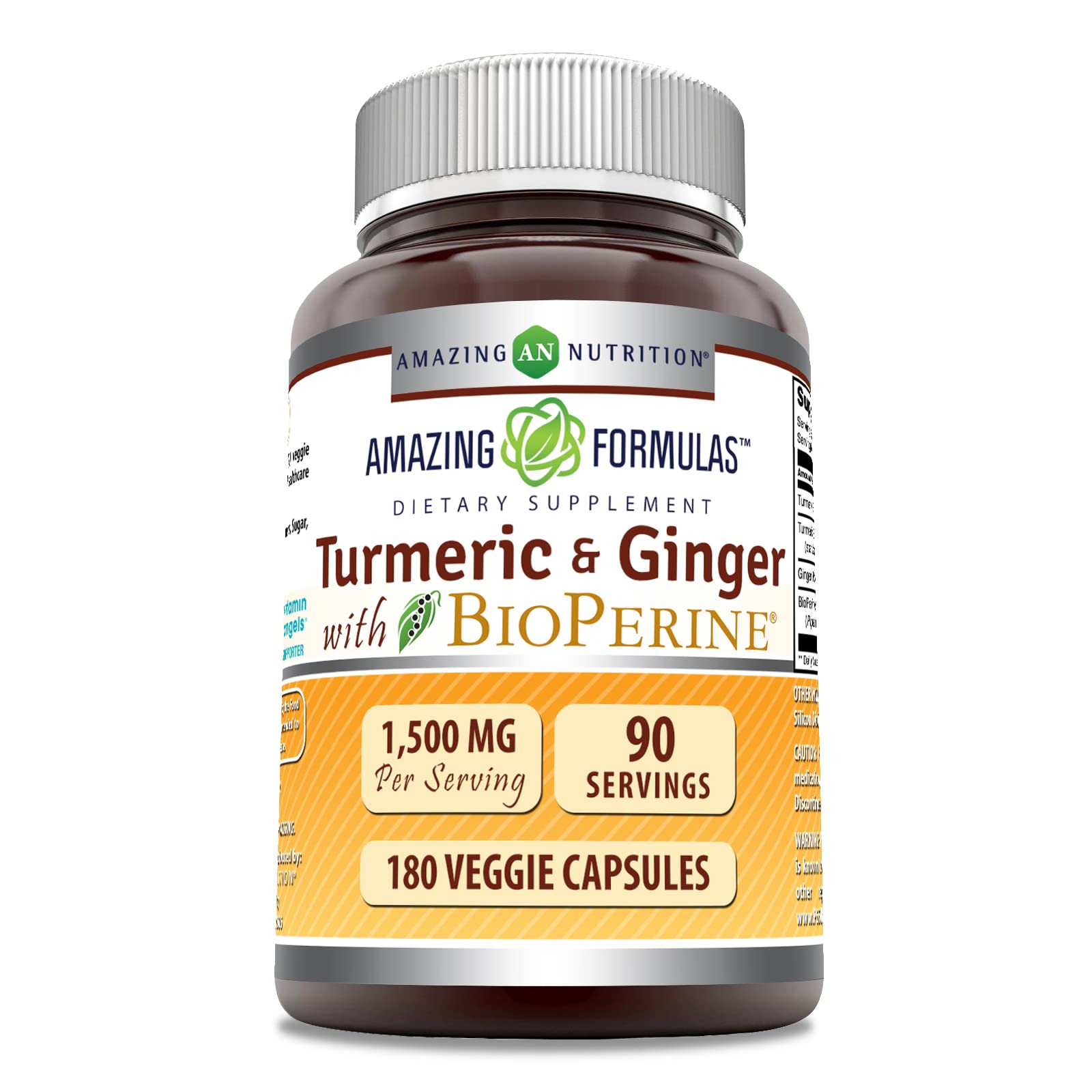 Amazing Formulas Turmeric Curcumin & Ginger With Bioperine Supplement | 1500 Mg Per Serving | 180 Veggie Capsules | Non-Gmo | Gl