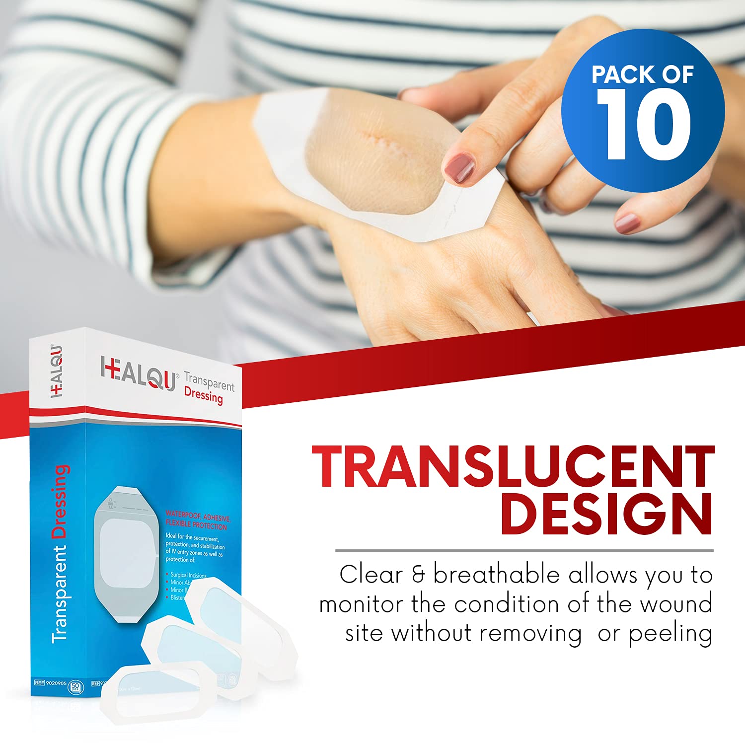 HEALQU Transparent Film Dressing, 6'' x 8'' Pack of 10 Waterproof Wound Bandage Adhesive Patches, Post Surgical Shower or IV Shi