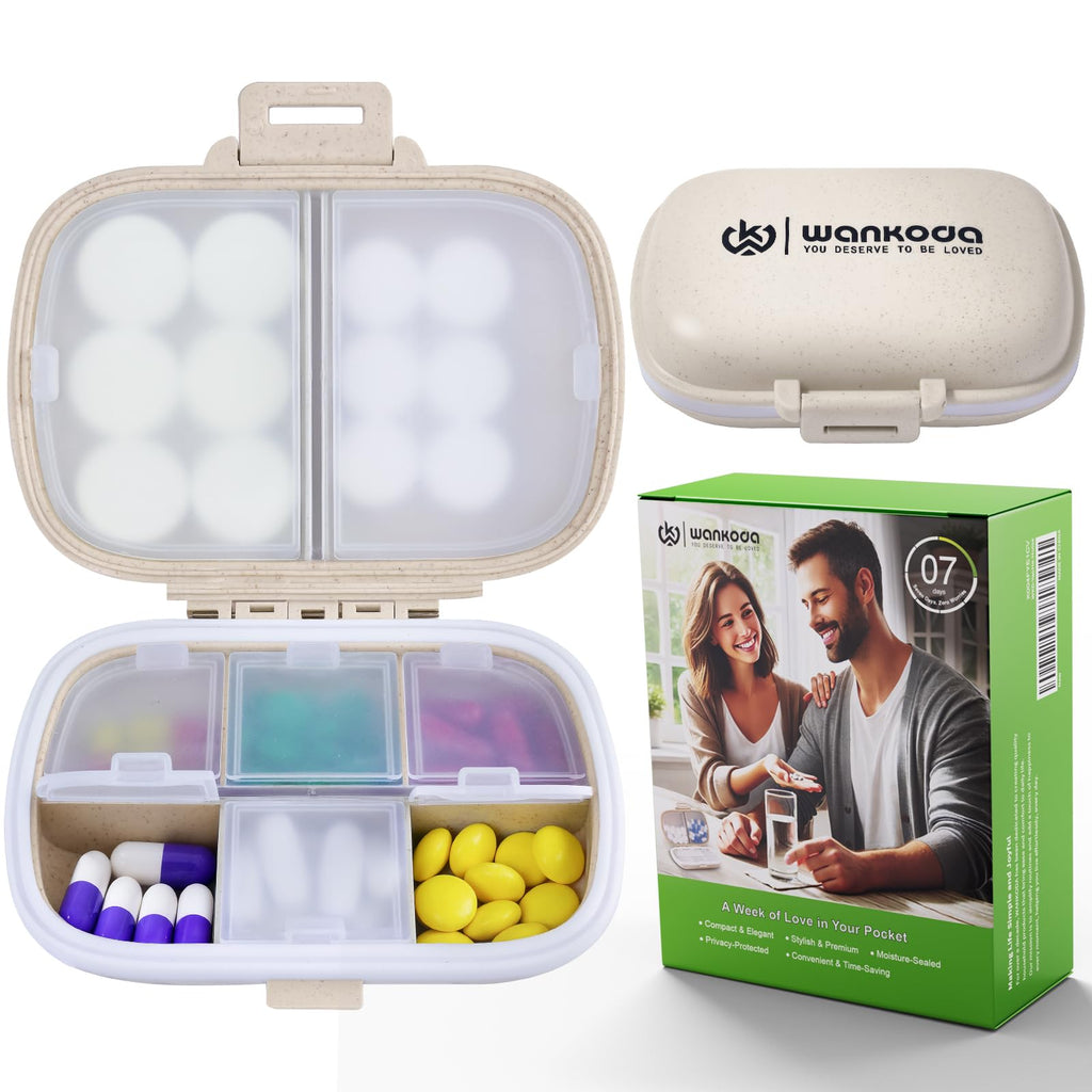 Travel Pill Organizer - Weekly Medicine Box with Labels, Small Cute Portable Pill Case for Daily Vitamins & Medications, Leak-Pr