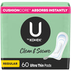 U by Kotex Ultra Thin Pads, Clean & Secure, Regular Absorbency, 60 Count (Packaging May Vary)