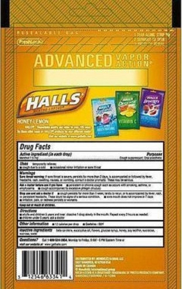 Halls Menthol - Cough Suppressant/Oral Anesthetic, Honey-Lemon, Drops, 40 ct.