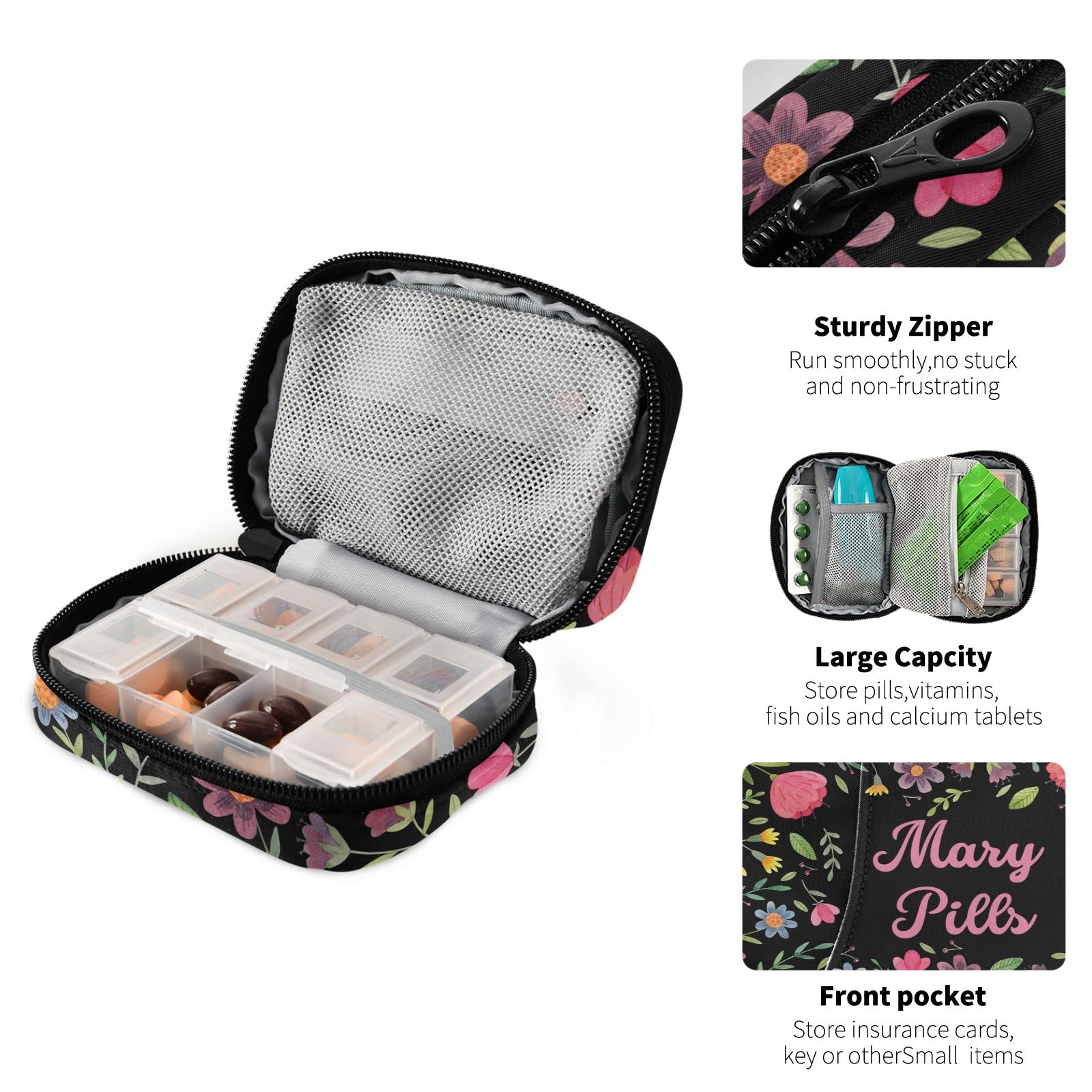 Custom Pill Box 7 Day Pill Case Bag Floral Flowers Personalized Name Travel Pill Organizer Bag with Zipper Portable Weekly Case
