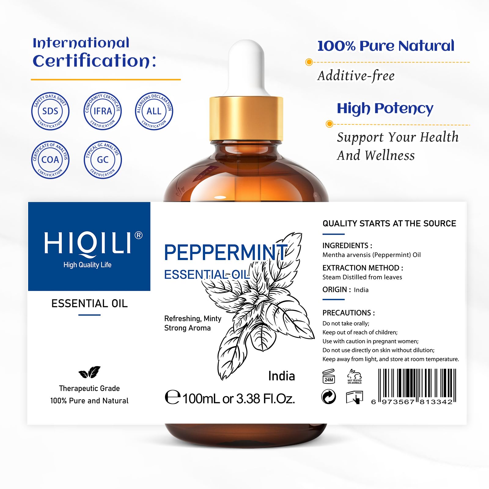 HIQILI 100ML Peppermint Oil, for Homemade Spray, Diffuser, 100% Pure Natural 3.38 Fl Oz